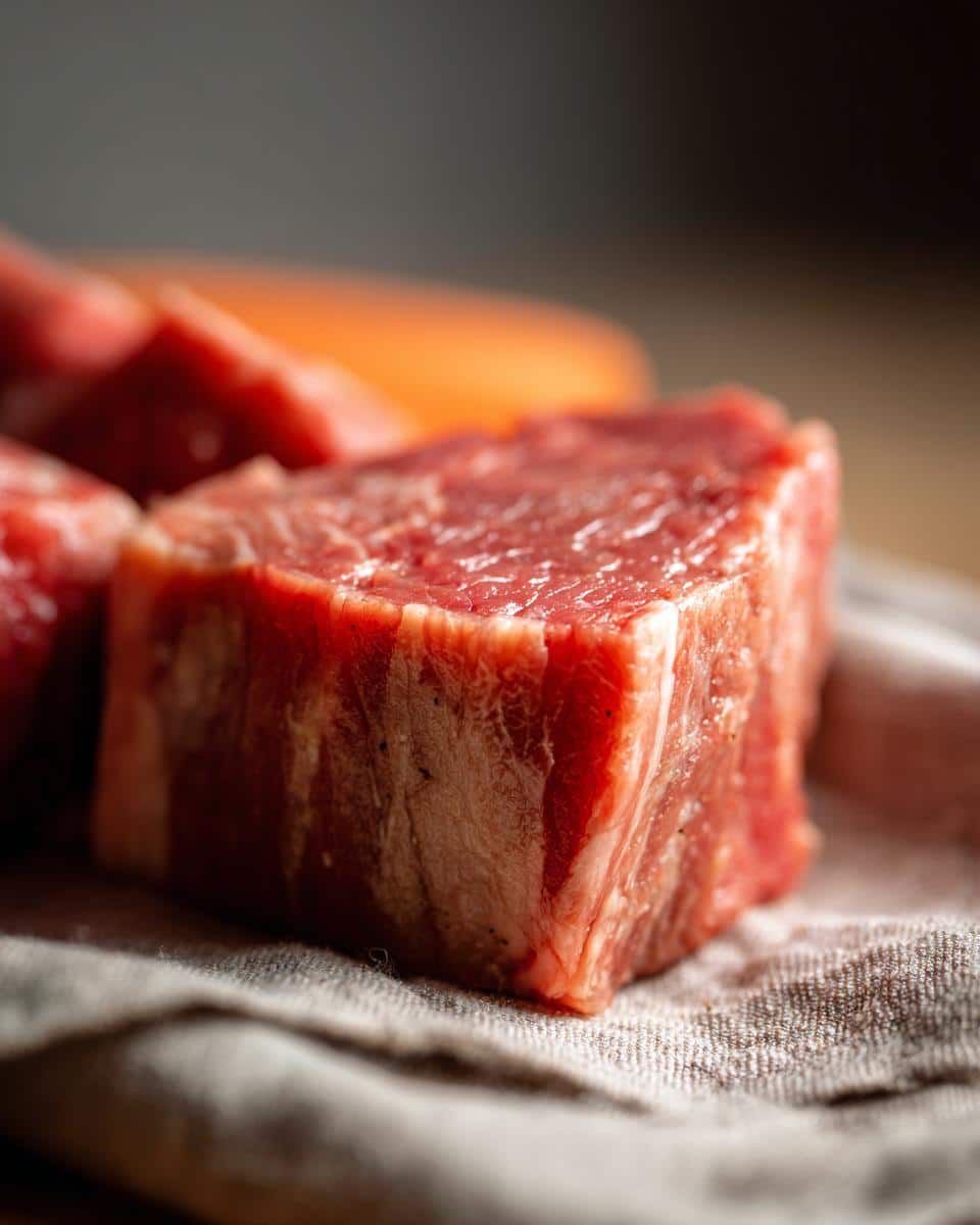 Close-up of raw beef chunks, an ingredient in a Raw Beef & Carrot Dog Food Recipe.