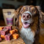 Happy dog looking at a pile of Raw Beef & Carrot Dog Food cubes on a wooden board.