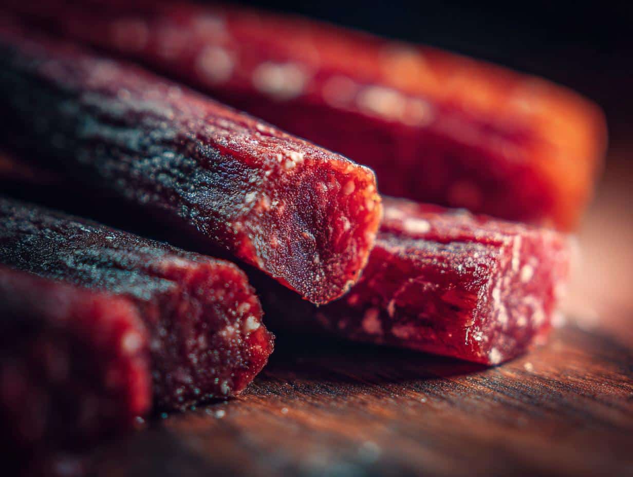 Close-up of raw beef and carrot dog food sticks, prepared for a healthy canine diet.