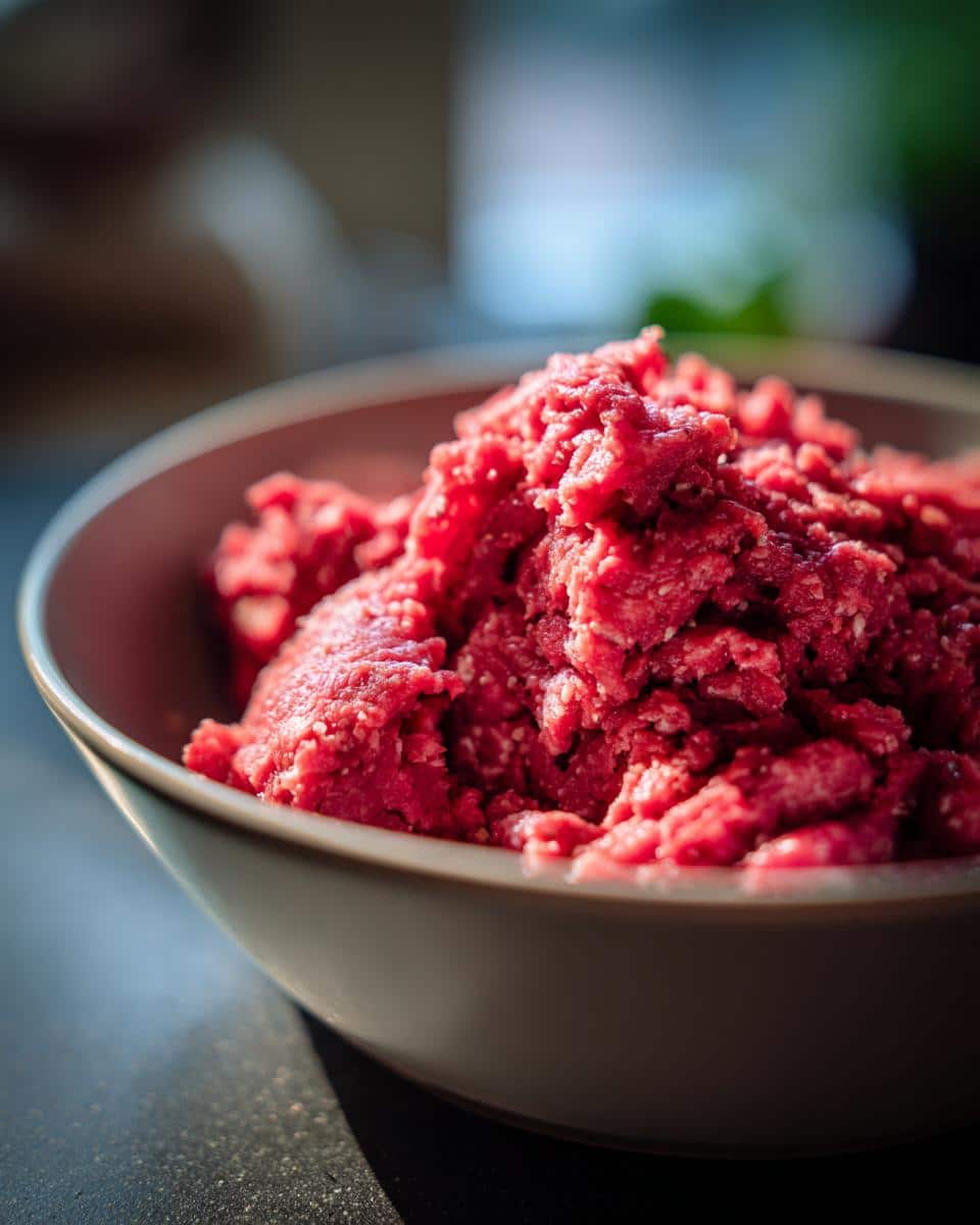 Close-up of raw beef in a bowl, ready to be used in Raw Beef & Green Beans Dog Food.