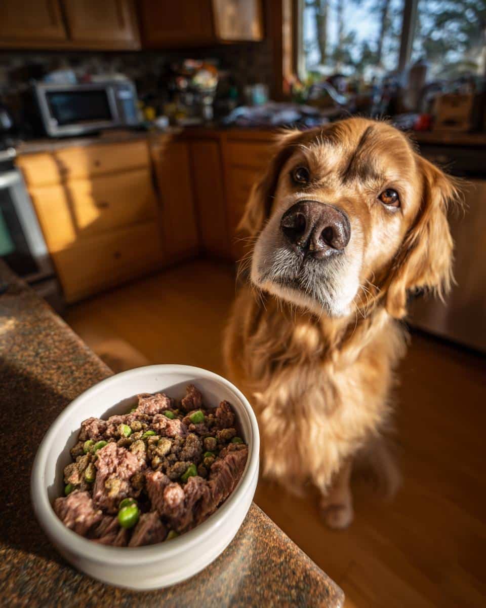 Golden Retriever dog looking at a bowl of Raw Beef & Green Beans Dog Food in a kitchen setting.