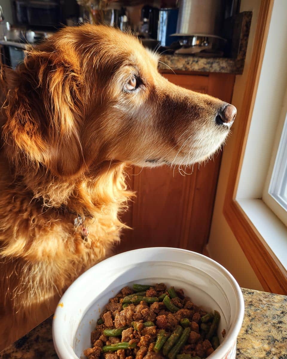 Golden Retriever dog looking at a bowl of Raw Beef & Green Beans Dog Food.