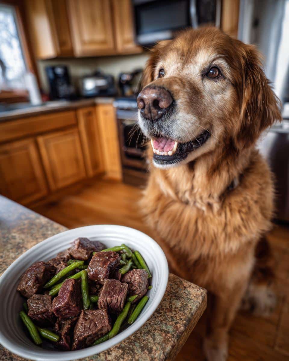 Golden Retriever dog looking at a bowl of Raw Beef & Green Beans Dog Food in a kitchen setting.
