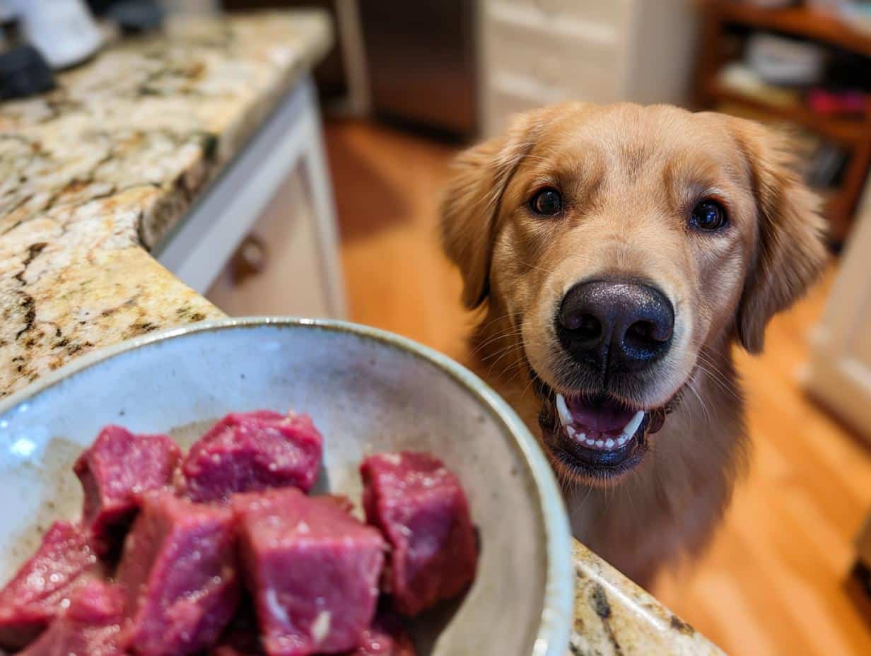 Golden Retriever looking eagerly at a bowl of Raw Beef & Green Beans Dog Food.
