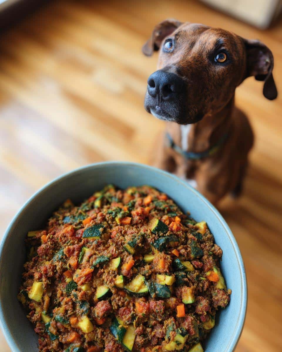 Dog looking longingly at a bowl of Raw Beef & Zucchini Dog Food Recipe.