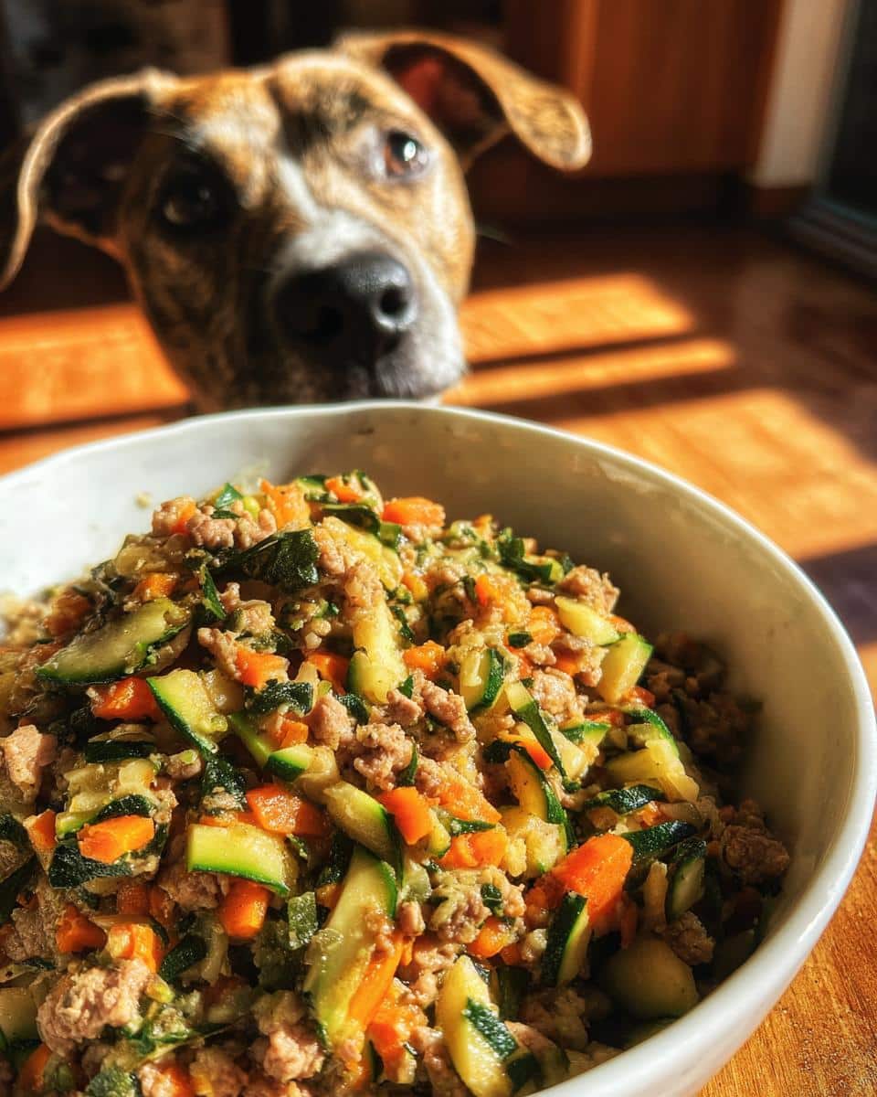 Dog eagerly watches a bowl of Raw Beef & Zucchini Dog Food. Healthy homemade meal.