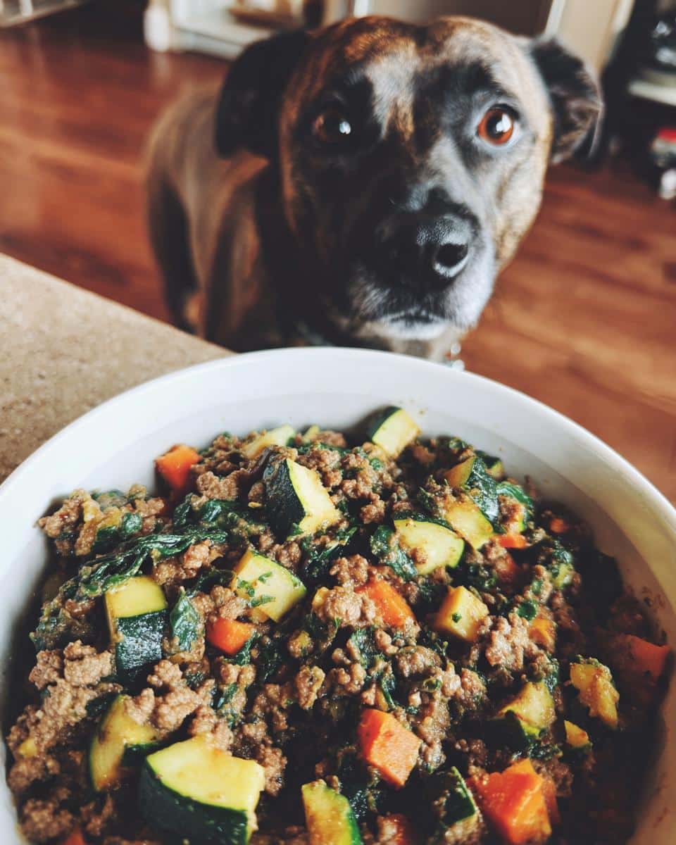 Dog eagerly awaits a bowl of Raw Beef & Zucchini Dog Food Recipe. The bowl is filled with beef, zucchini, carrots, and spinach.