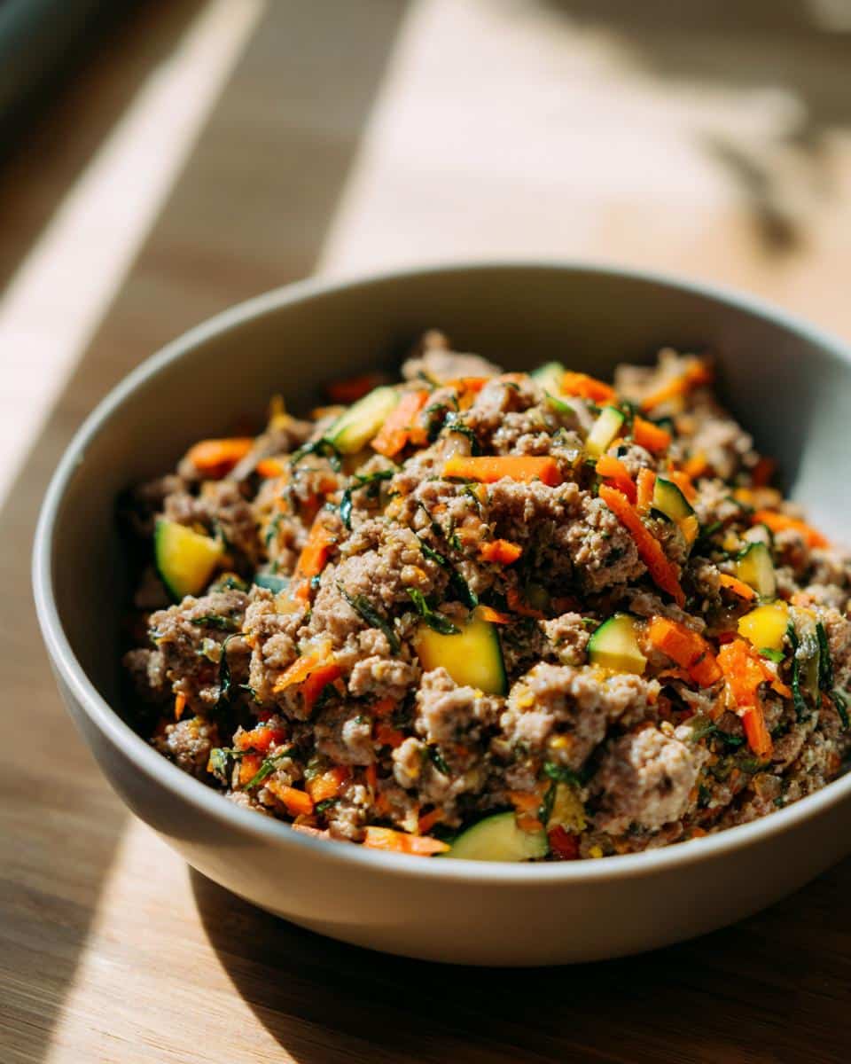 Bowl of homemade Raw Beef & Zucchini Dog Food Recipe, featuring ground beef, zucchini, and carrots.