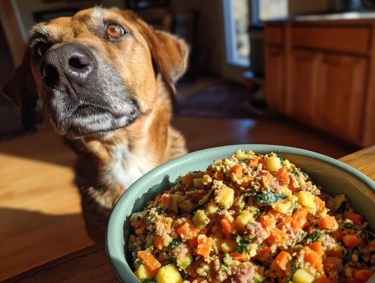 Dog eagerly awaits a bowl of raw beef & zucchini dog food. Healthy homemade pet food.