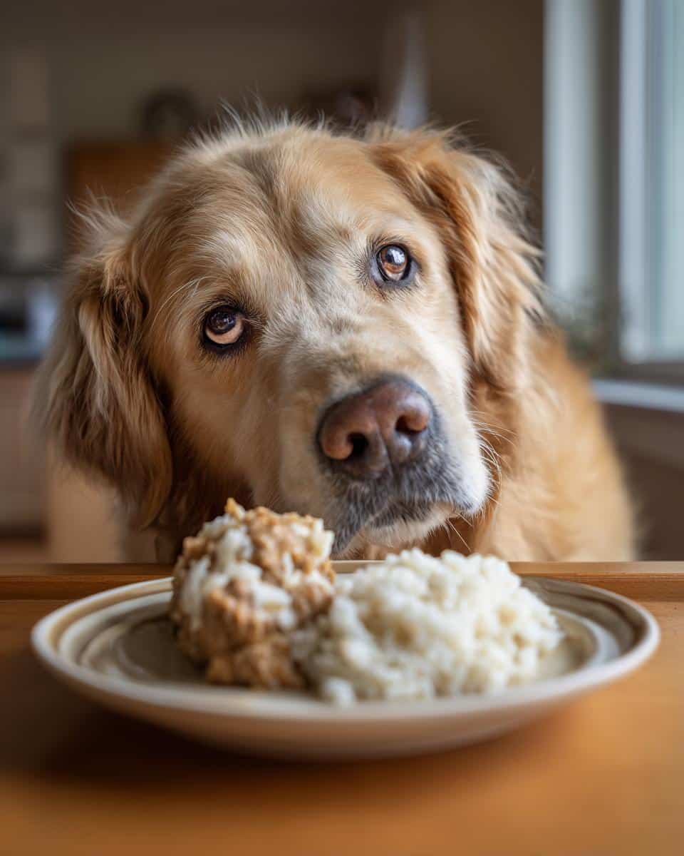 Golden Retriever dog looking longingly at a plate of Raw Chicken Liver & Rice Dog Recipe.