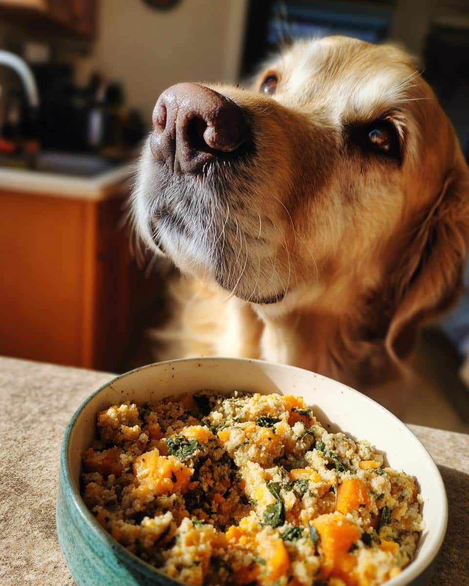 Golden retriever looking longingly at a bowl of Raw Chicken & Pumpkin Dog Food. Healthy meal.