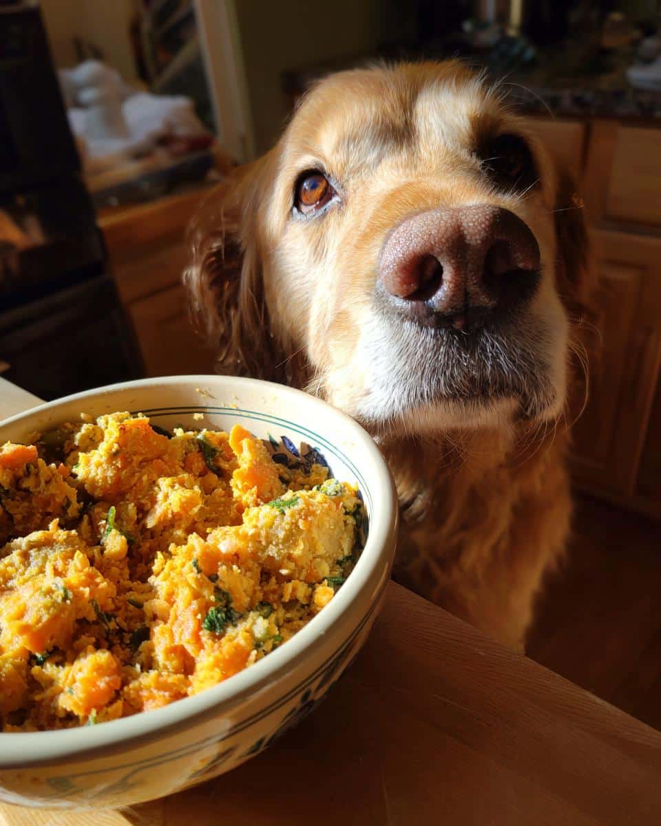 Golden retriever looking longingly at a bowl of Raw Chicken & Pumpkin Dog Food. Healthy and delicious!