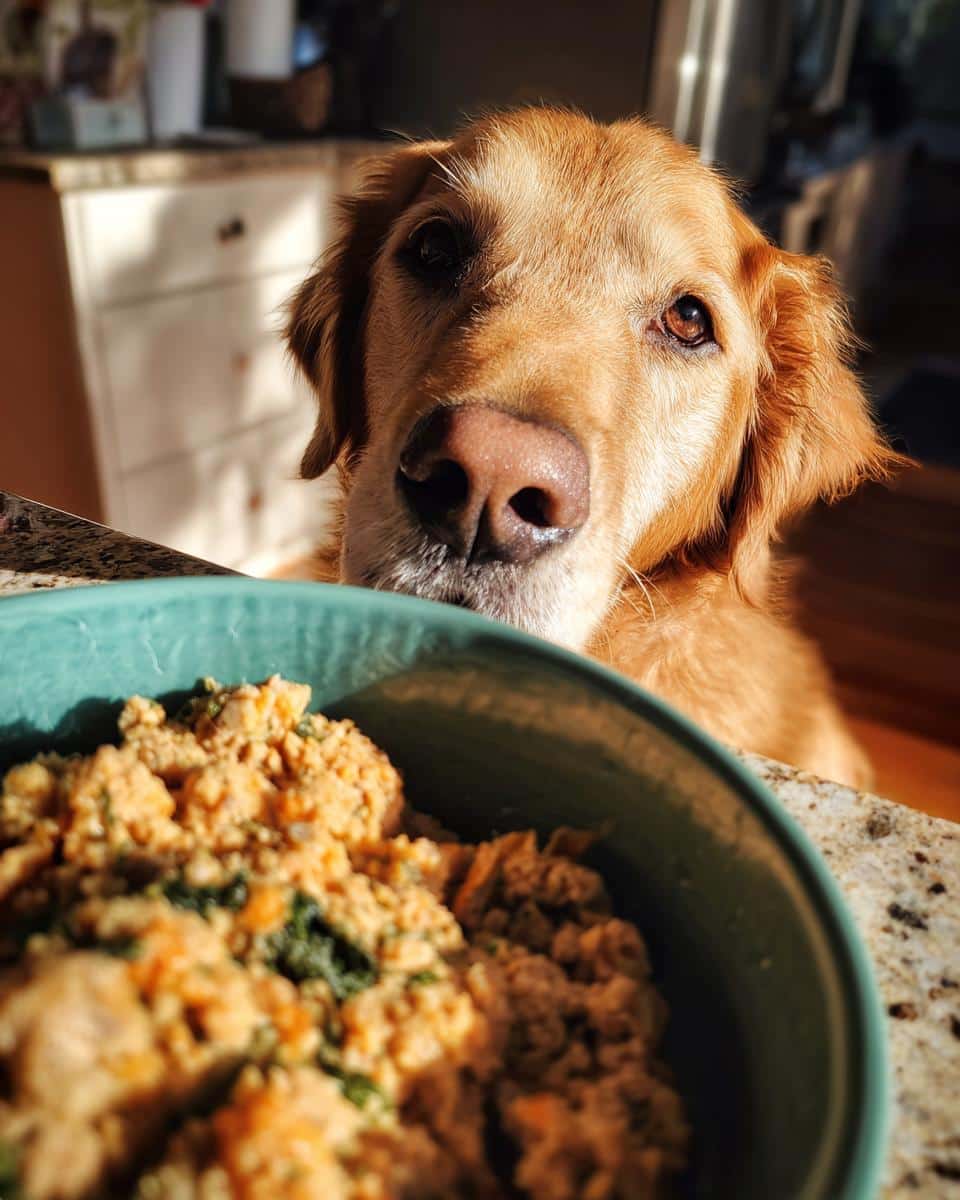 Golden Retriever dog looking at a bowl of Raw Chicken & Pumpkin Dog Food. Eager and waiting to eat.