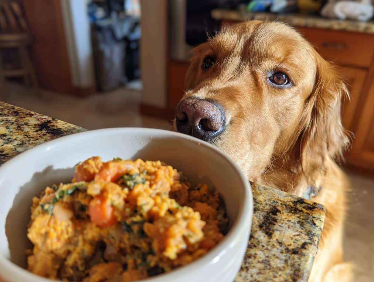 Golden Retriever dog looking longingly at a bowl of Raw Chicken & Pumpkin Dog Food.