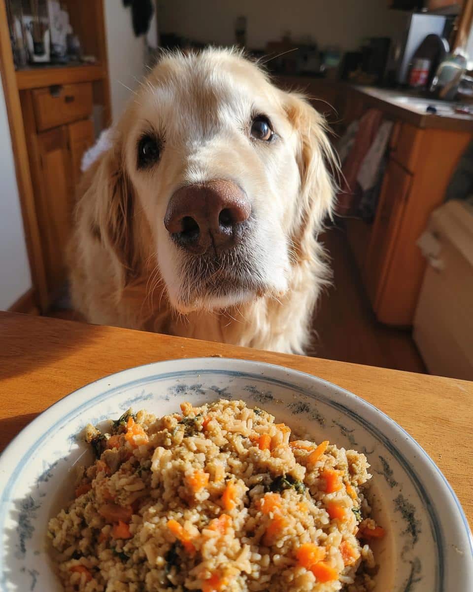 Golden retriever looking at a bowl of freshly prepared Raw Lamb & Carrot Dog Food.