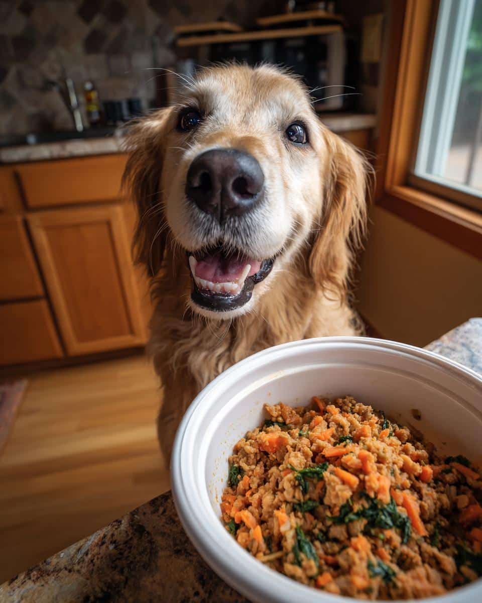 Golden Retriever eagerly awaits a bowl of Raw Lamb & Carrot Dog Food in a kitchen setting.