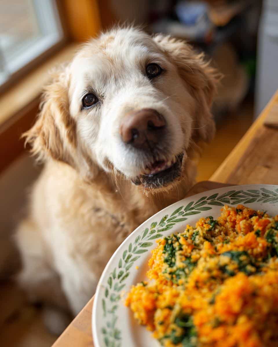 Golden Retriever dog looking eagerly at a plate of Raw Lamb & Carrot Dog Food.