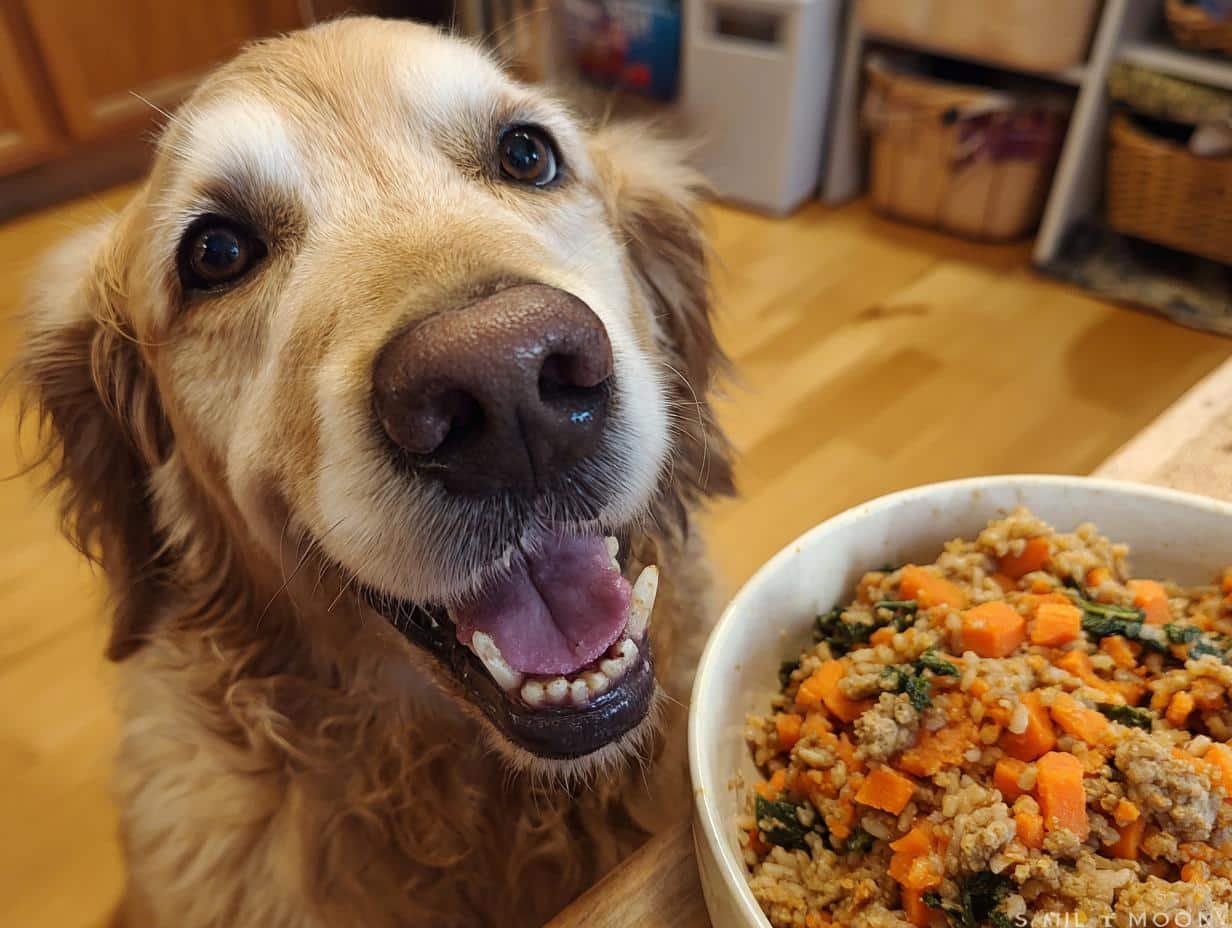 Golden Retriever dog eagerly awaiting a bowl of Raw Lamb & Carrot Dog Food. Healthy and happy!