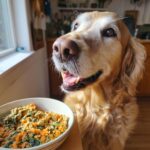 Golden Retriever dog eagerly awaits a bowl of Raw Lamb & Carrot Dog Food. Healthy and delicious!