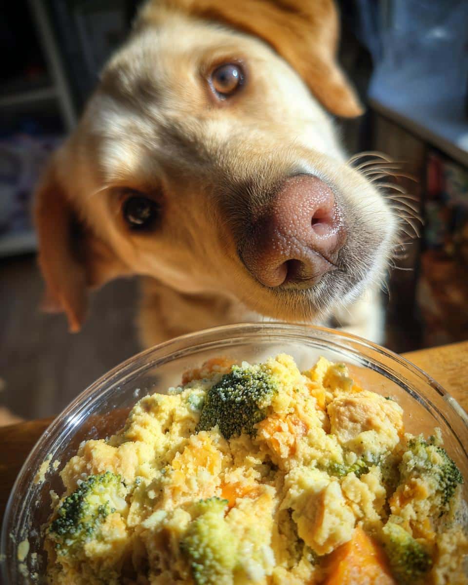 A golden dog looks longingly at a bowl of Raw Salmon & Broccoli Dog Food.