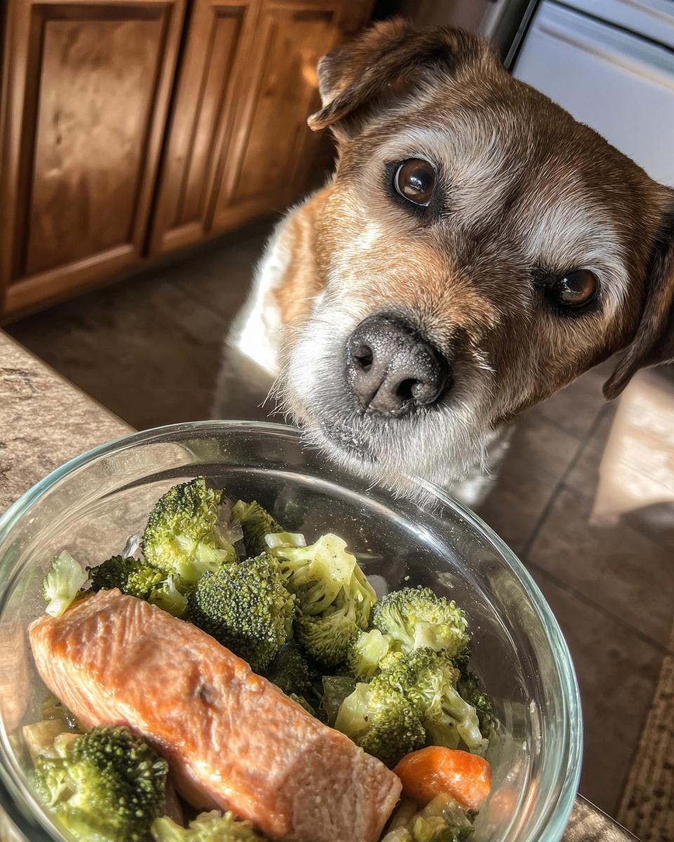 A dog gazes longingly at a bowl of Raw Salmon & Broccoli Dog Food.