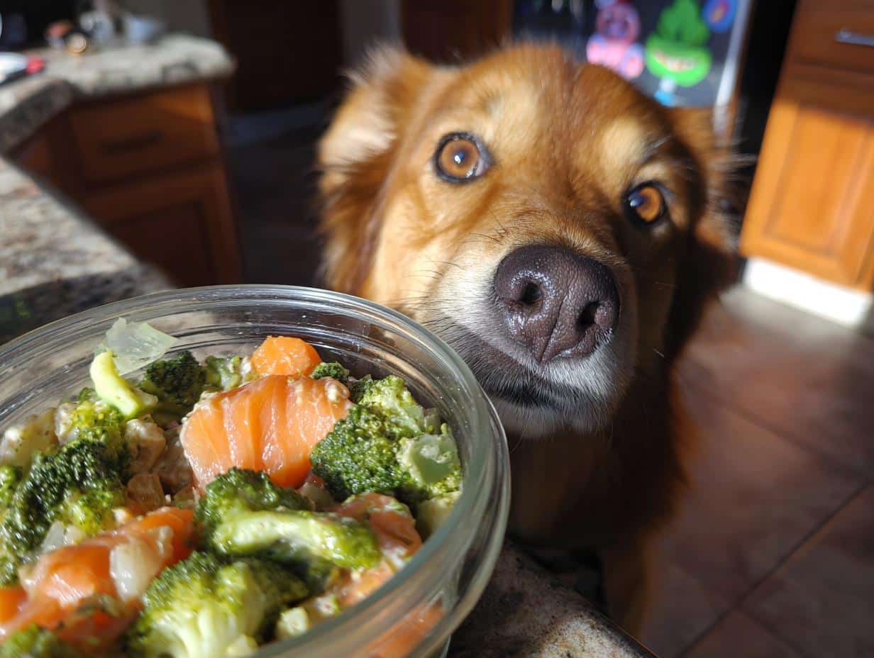 A cute dog looks longingly at a bowl of Raw Salmon & Broccoli Dog Food.