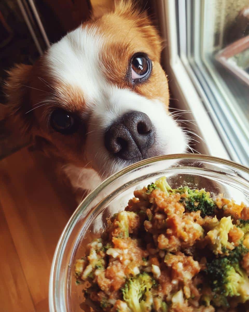 A cute dog looks longingly at a bowl of Raw Salmon & Broccoli Dog Food.