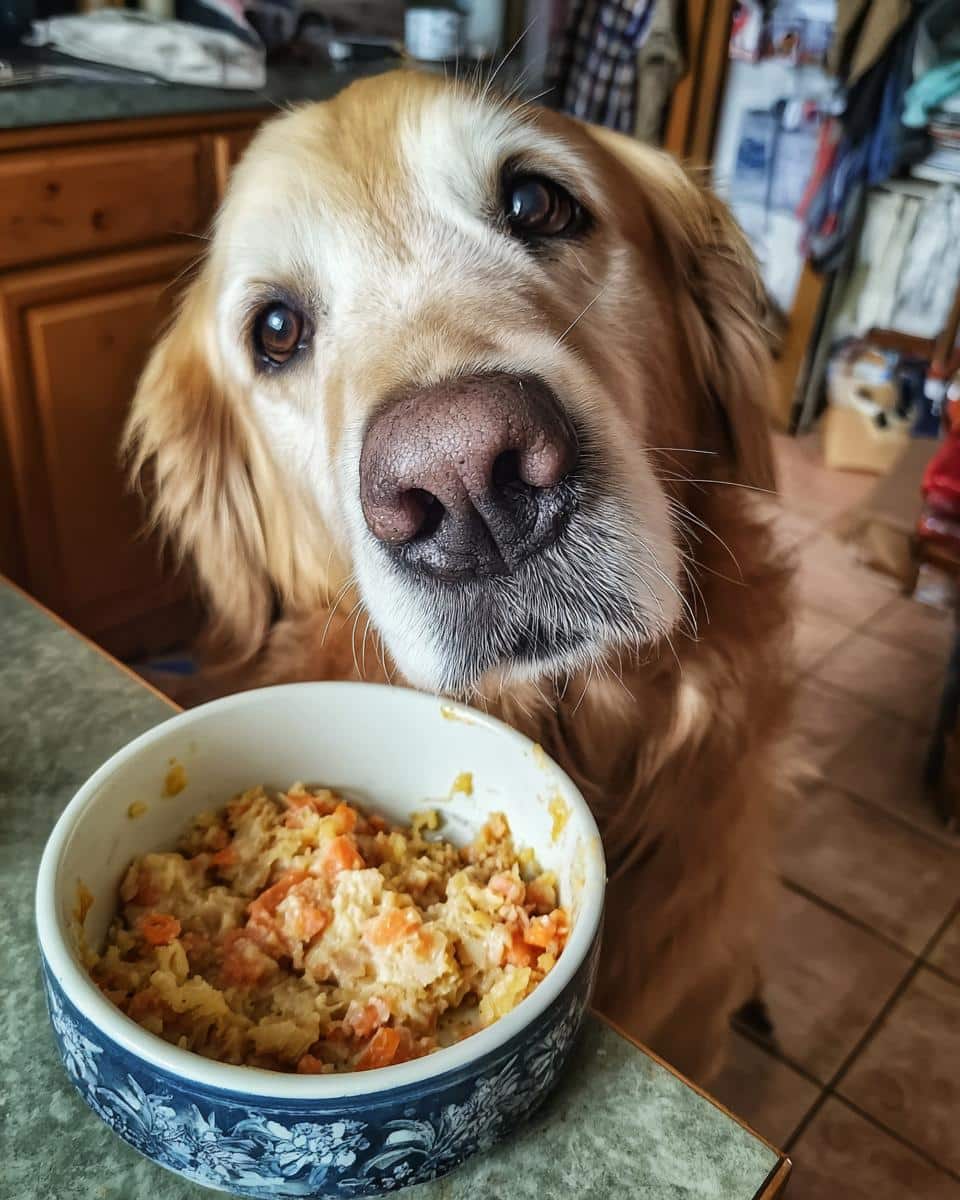 A golden retriever looks longingly at a bowl of Raw Salmon & Egg Dog Food Bowl on a counter.