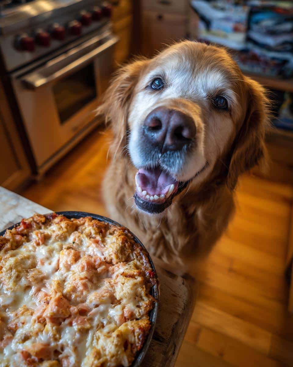 Golden Retriever looking excitedly at a Raw Salmon & Egg Dog Food Bowl, ready to eat.