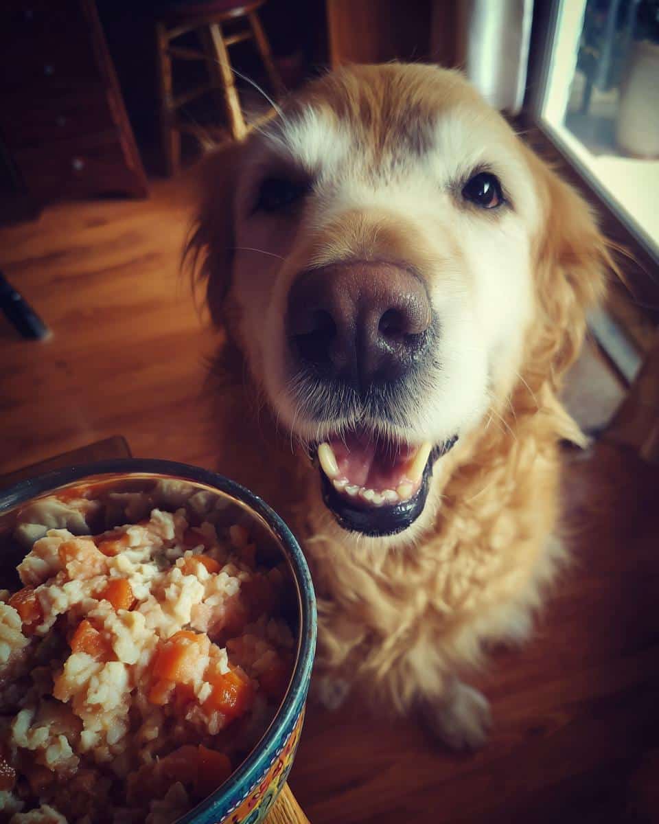Golden Retriever dog smiling next to a bowl of Raw Salmon & Egg Dog Food Bowl.