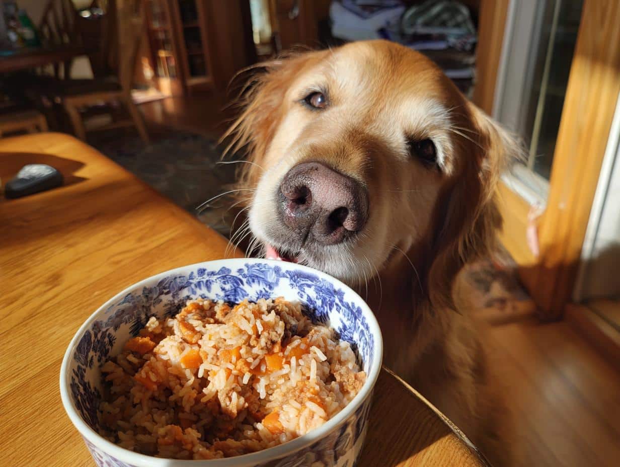 Golden Retriever dog looking at a bowl of Raw Salmon & Egg Dog Food Bowl on a wooden floor.