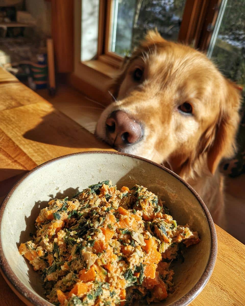 Golden Retriever longingly looks at a bowl of Raw Turkey & Spinach Dog Meal.
