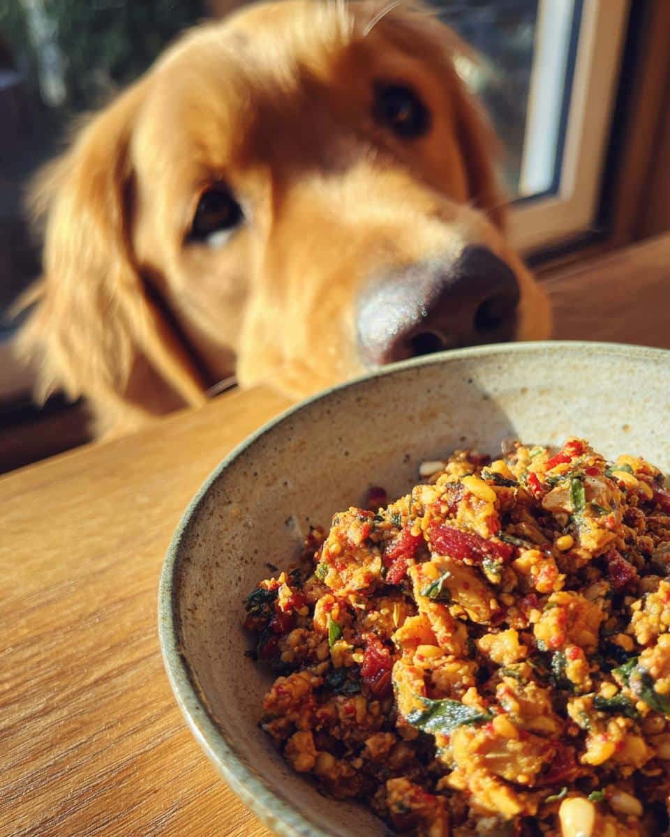 Golden retriever looks longingly at a bowl of Raw Turkey & Spinach Dog Meal. Healthy and delicious!
