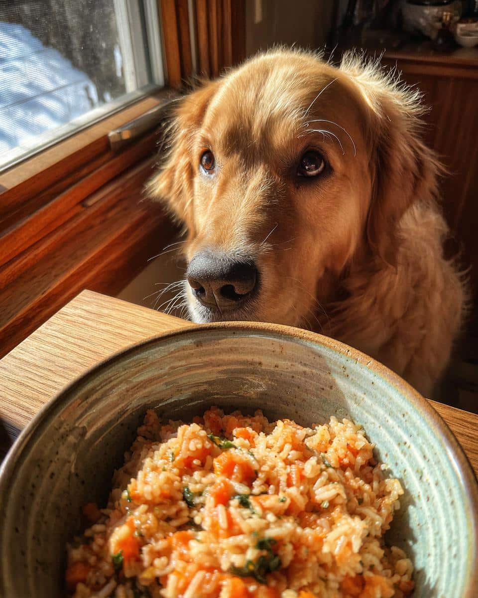Golden retriever looking longingly at a bowl of Raw Turkey & Spinach Dog Meal.
