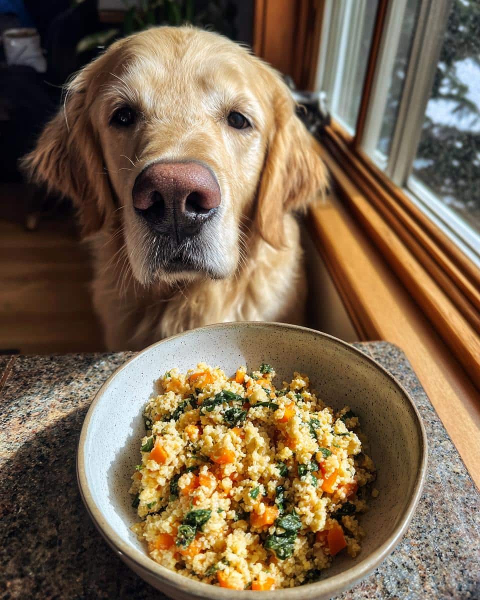 Golden Retriever dog looking at a bowl of Raw Turkey & Spinach Dog Meal. Healthy pet food.