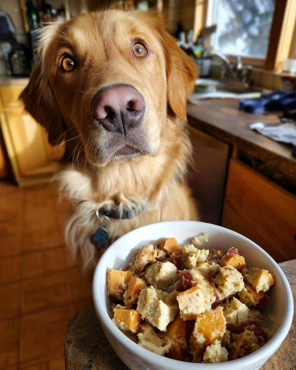 Dog looking at a bowl of Raw Turkey & Sweet Potato Dog Food. Focus on the food and dog's hopeful expression.
