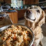 Golden retriever looking eagerly at a bowl of Raw Turkey & Sweet Potato Dog Food.