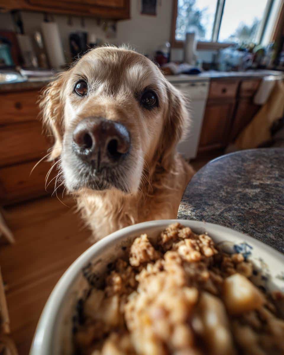Golden Retriever dog eagerly awaits a bowl of Raw Turkey & Sweet Potato Dog Food.