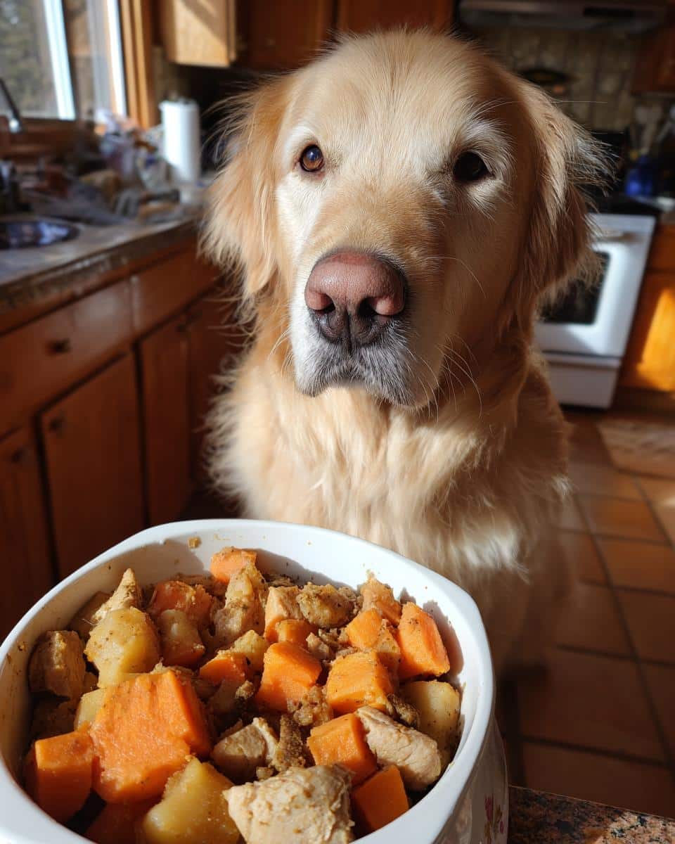 A golden retriever looks longingly at a bowl of Raw Turkey & Sweet Potato Dog Food.