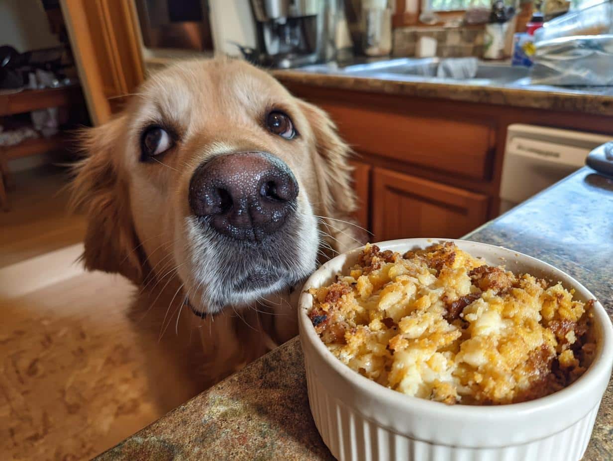 Golden Retriever looking longingly at a bowl of Raw Turkey & Sweet Potato Dog Food.