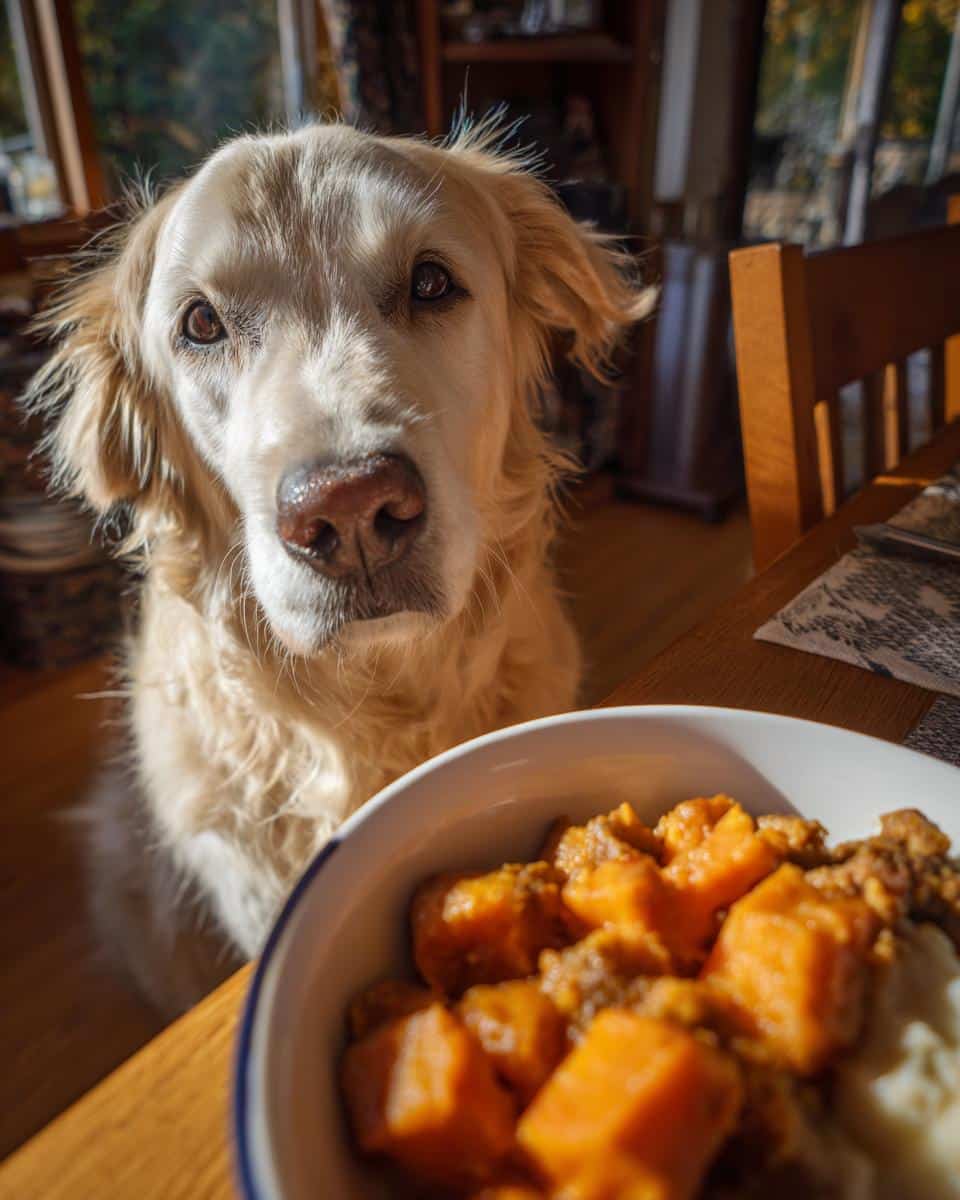 Golden retriever looking at a bowl of Raw Turkey & Sweet Potato Dog Food on a table.