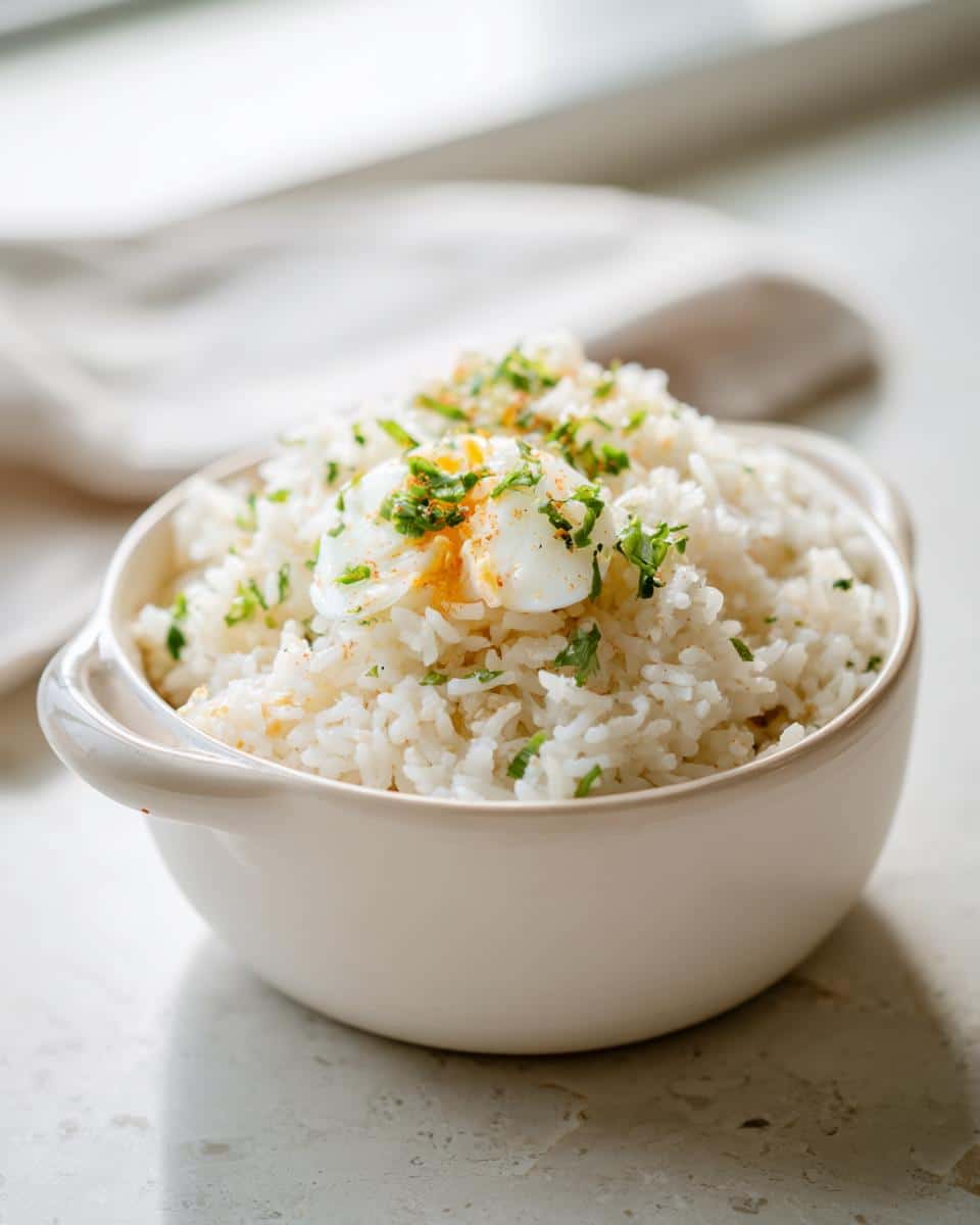 A bowl of Rice and Egg Bowl DOG RECIPE, topped with herbs, sits on a counter with a cloth in the background.