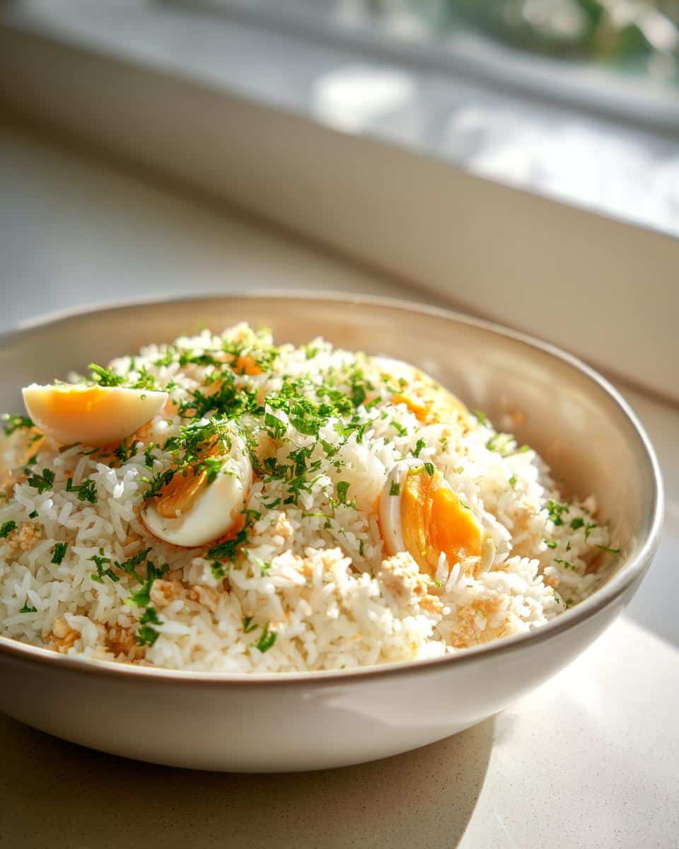Close-up of a Rice and Egg Bowl DOG RECIPE, featuring rice, chopped egg, and parsley in a bowl.