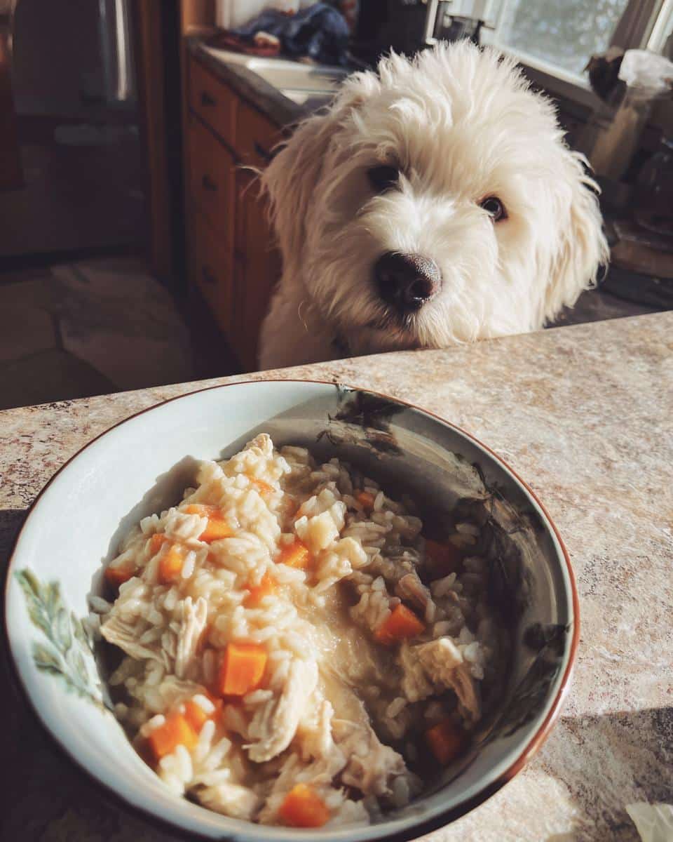 A cute puppy dog looks longingly at a bowl of Rice & Chicken Crockpot Puppy Dog Food.