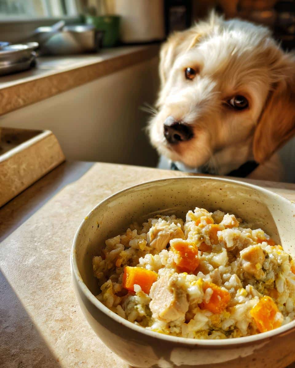 A bowl of Rice & Chicken Crockpot Puppy Dog Food with a cute puppy dog looking at it.