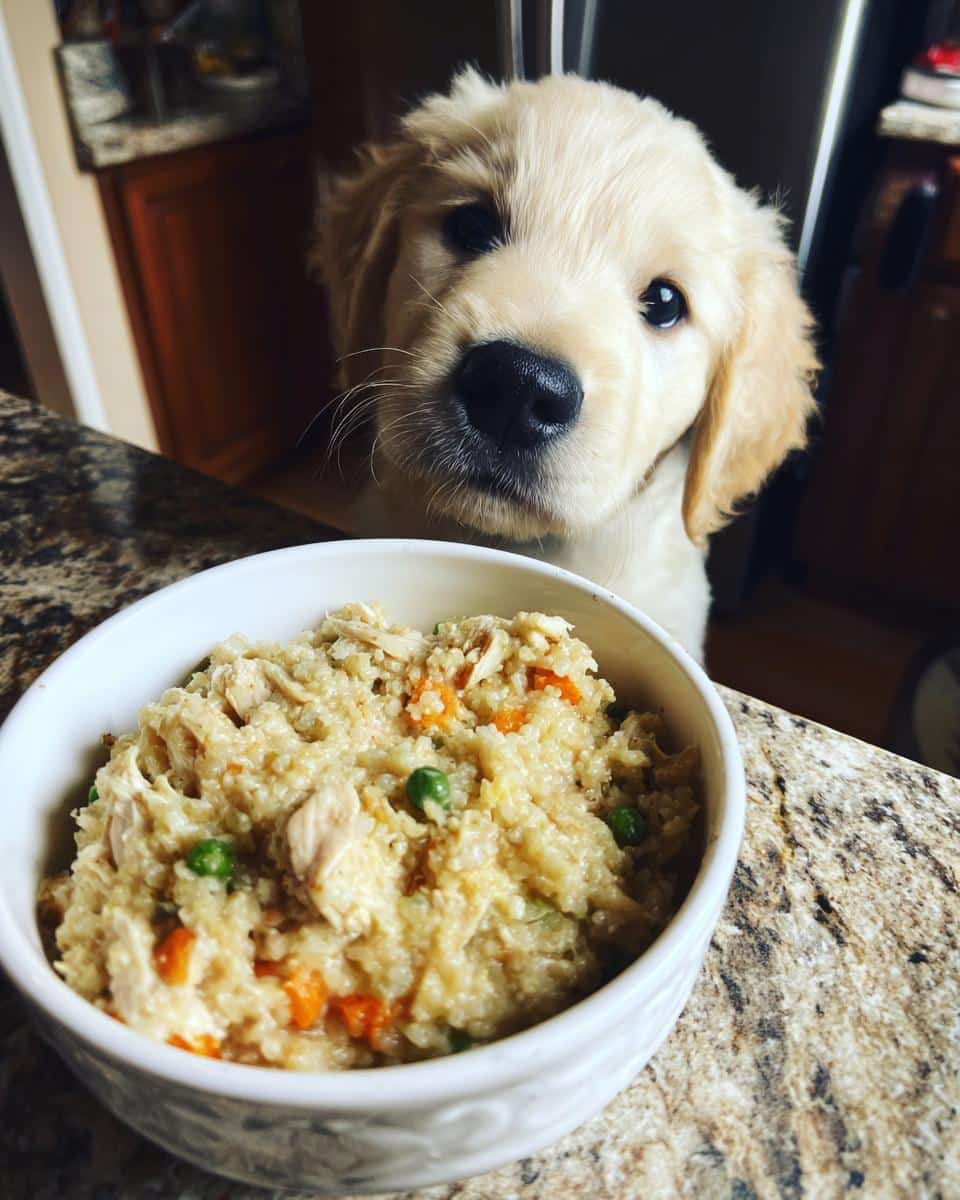 Golden retriever puppy looks at a bowl of Rice & Chicken Crockpot Puppy Dog Food.