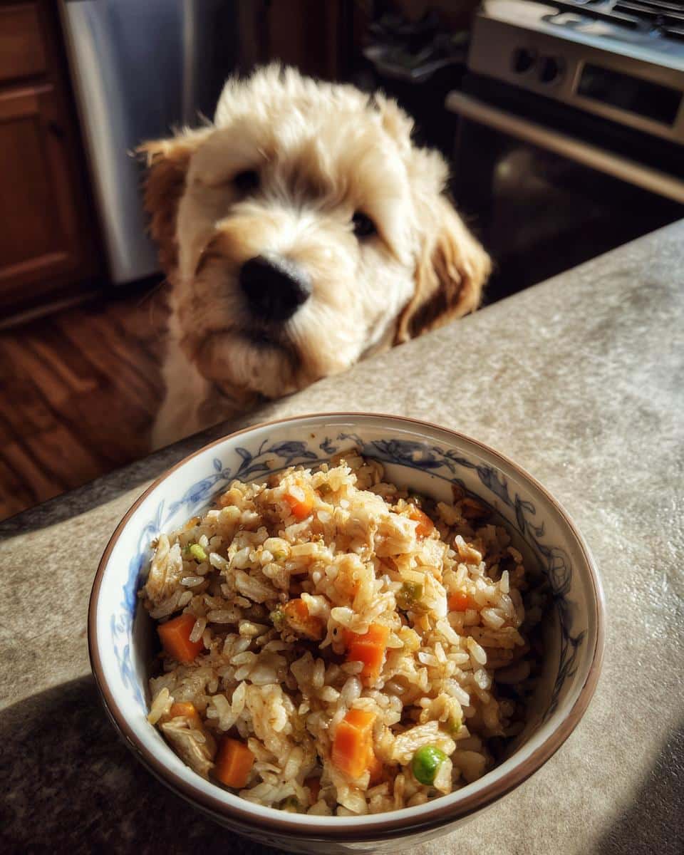 Bowl of Rice & Chicken Crockpot Puppy Dog Food with a cute dog looking longingly at it.