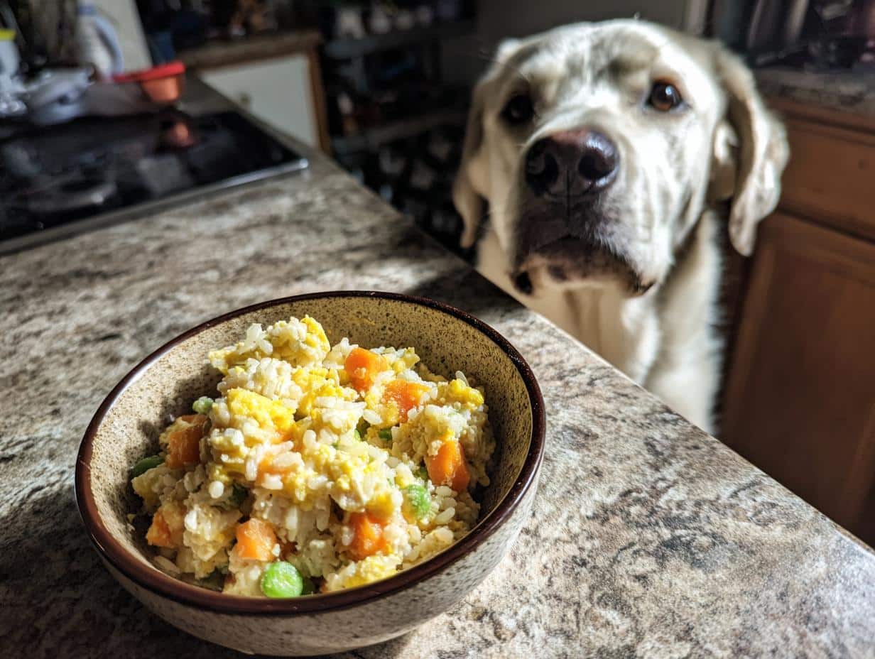 Bowl of Rice & Chicken Crockpot Puppy Dog Food with a dog looking at it in the background.