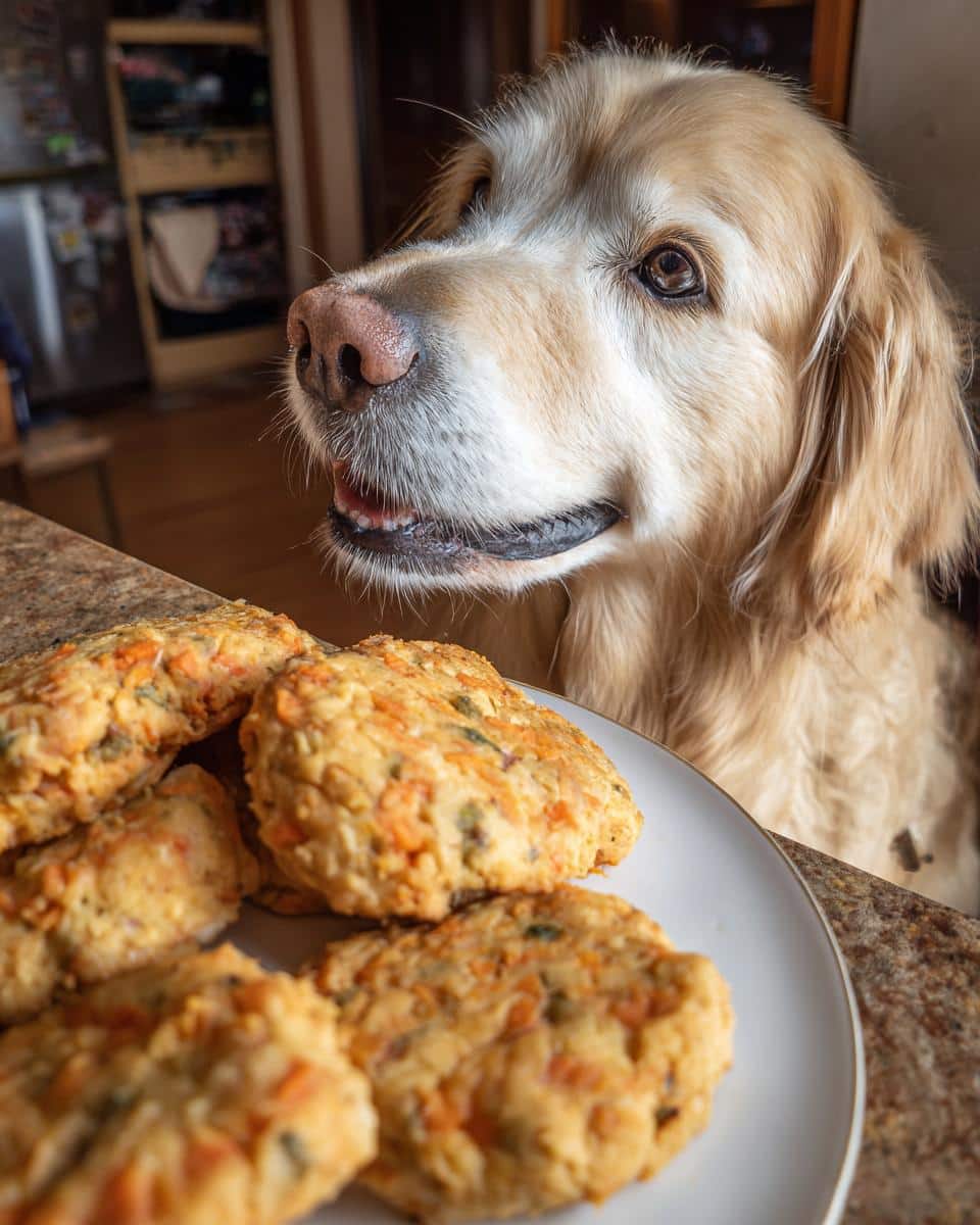 Golden Retriever looking at a plate of Rice & Chicken Patties – Recipe for Dogs.