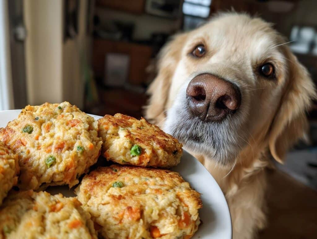 Golden Retriever dog looking at a plate of Rice & Chicken Patties – Recipe for Dogs.